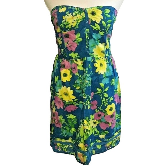 Juniors Aeropostale Blue Yellow Floral Print Strapless Cotton Sundress Size M - Picture 1 of 6